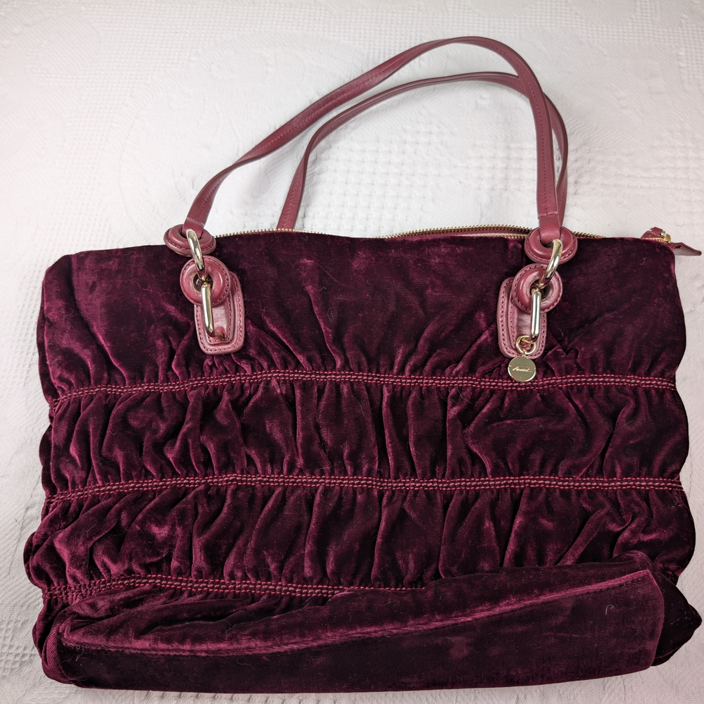 Tumi Velvet Tote Bag in Deep Burgundy with Brown Leather and Gold Hardware - Picture 3 of 13